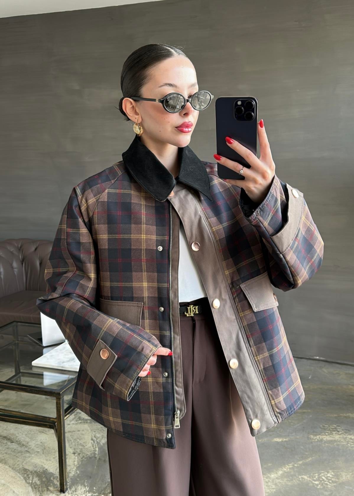 Ekoseli Çıtçıtlı Mont RENKLİ