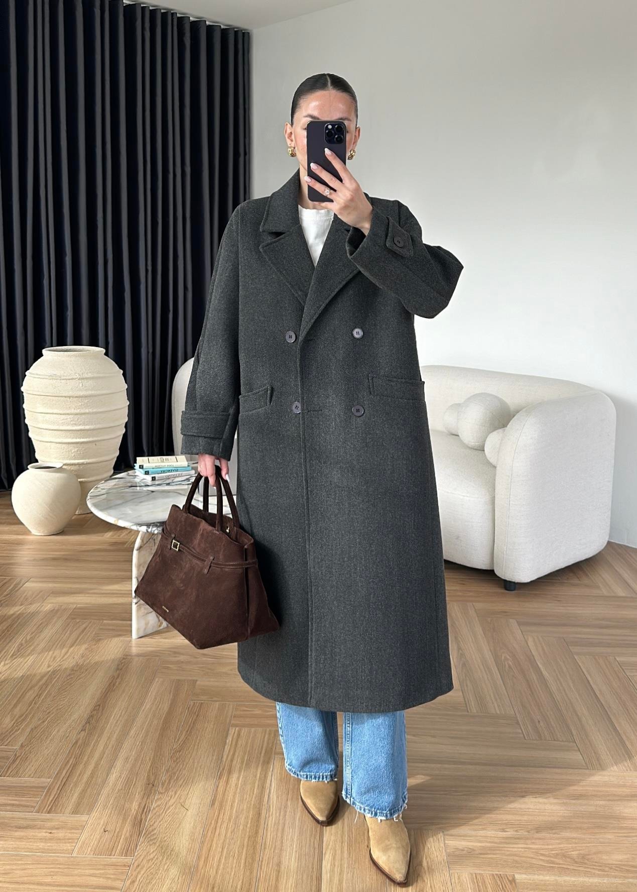 İki Düğmeli Kuşaklı Kaban KOYU ANTRASİT