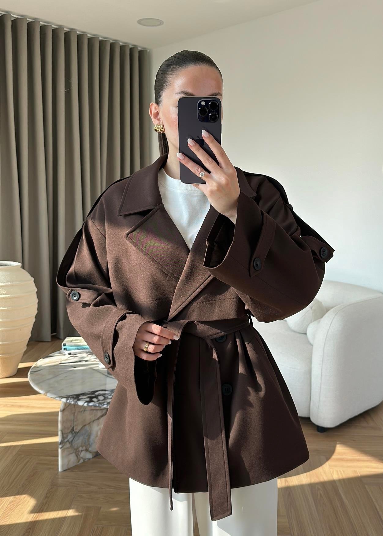 Rüzgarlıklı Ara Boy Trençkot KOYU KAHVE