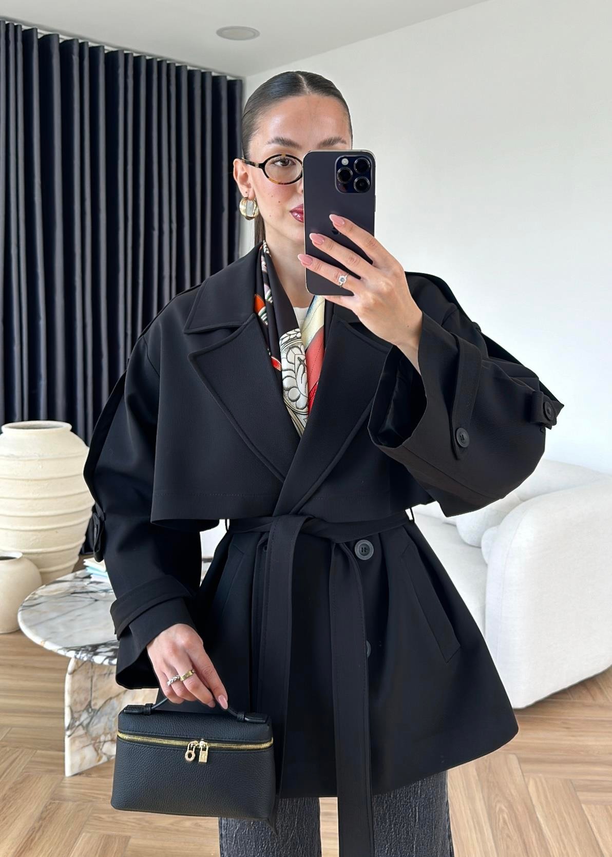 Rüzgarlıklı Ara Boy Trençkot SİYAH