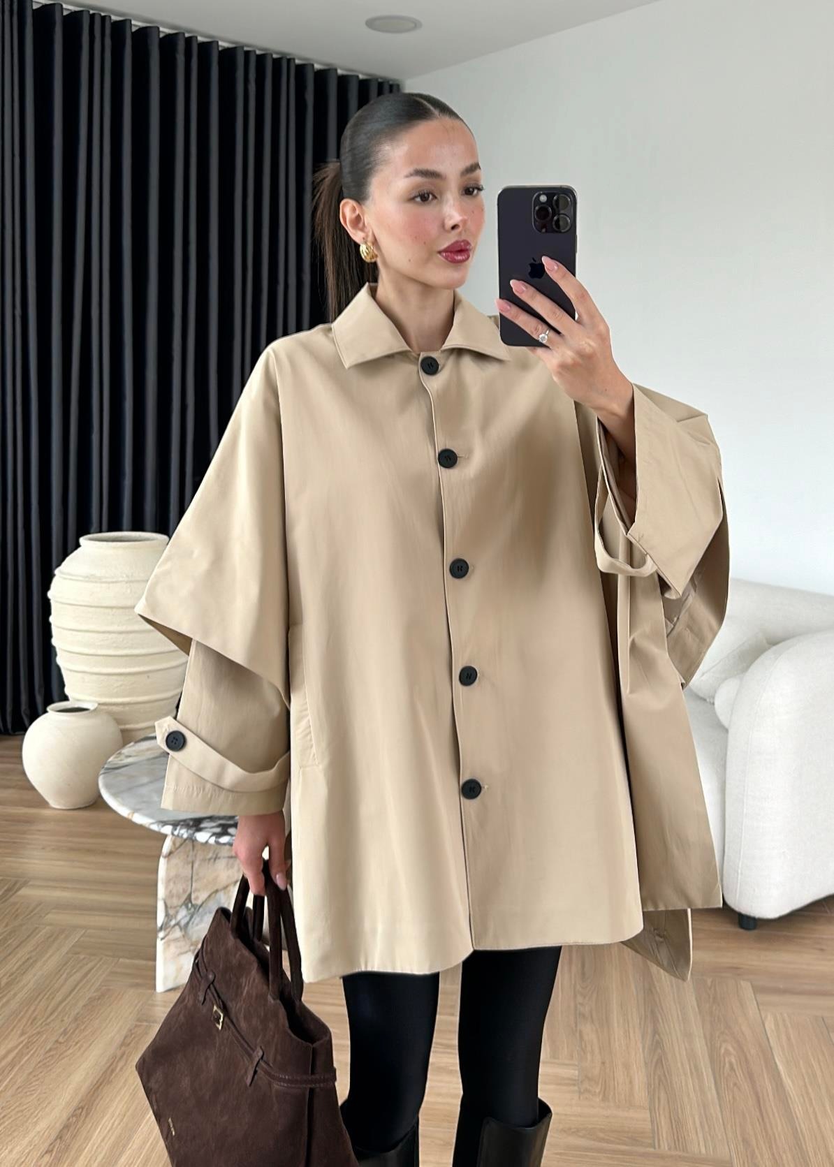 Uzun Kollu Pelerin Trençkot BEJ