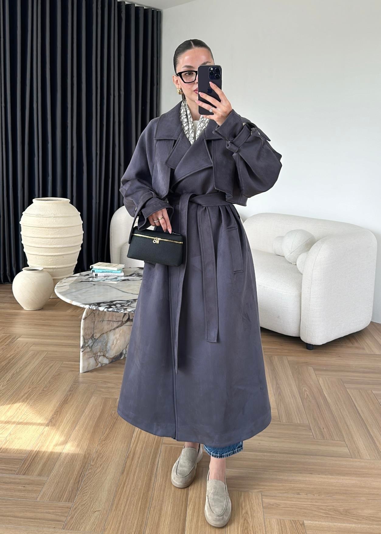 Apoletli Süet Trençkot ANTRASİT MAVİ