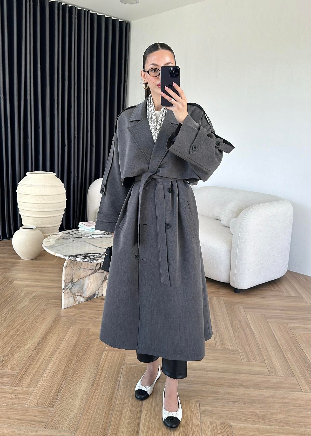 Omuzu Uzun Apoletli Trençkot ANTRASİT